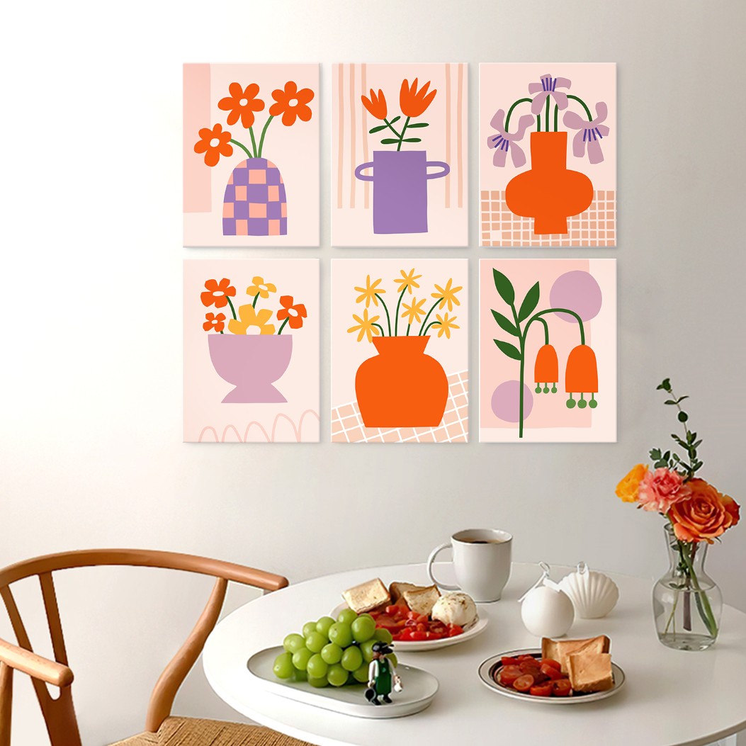 6 Mini-Gemälde auf Holzplatte – Vase voller Blüten Set