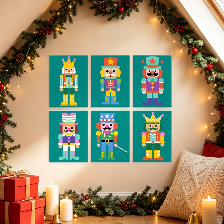 6 Mini-Gemälde auf Holzplatte – Nussknacker Set