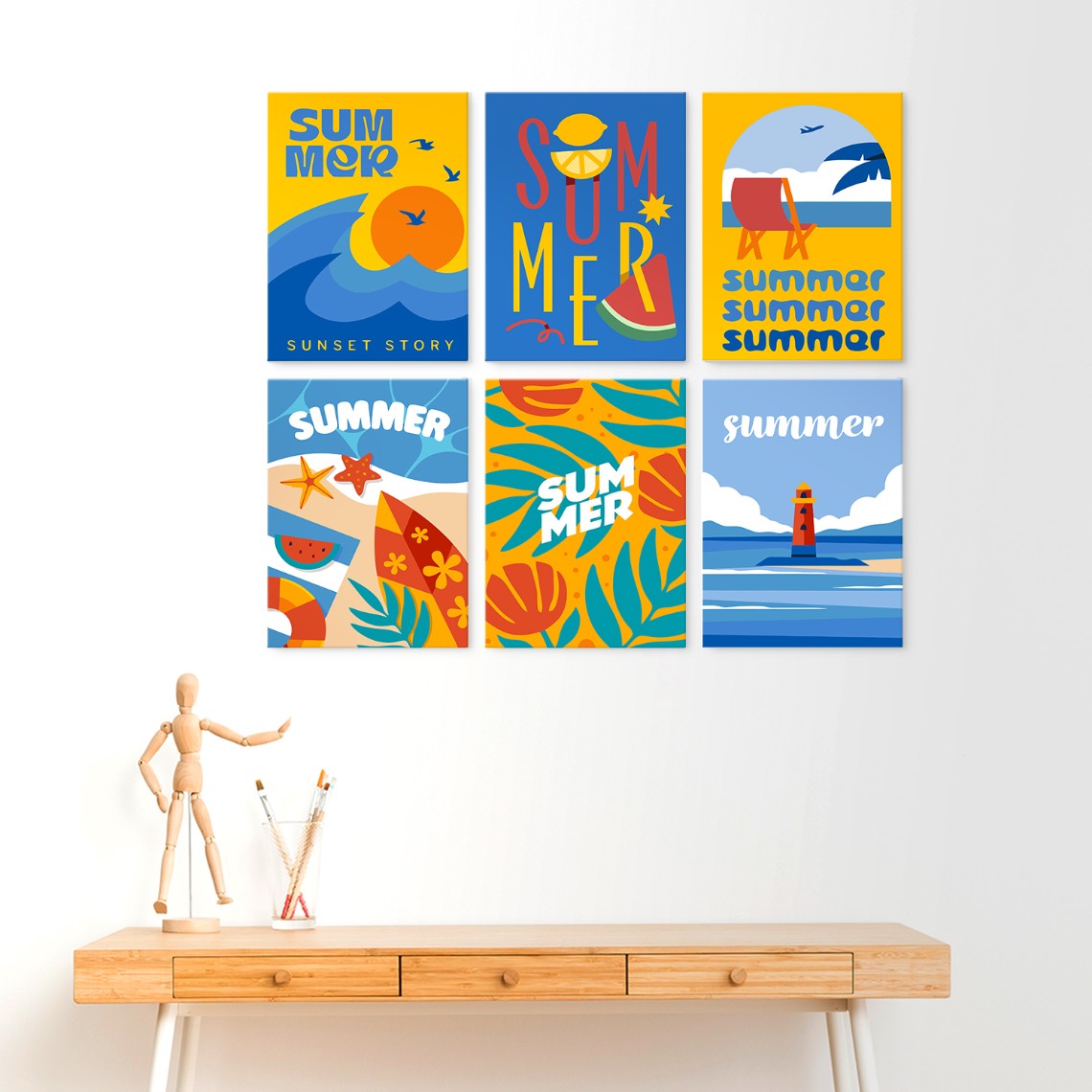 6 Mini-Gemälde auf Holzplatte – Sommerlicher Sonnenuntergang Set