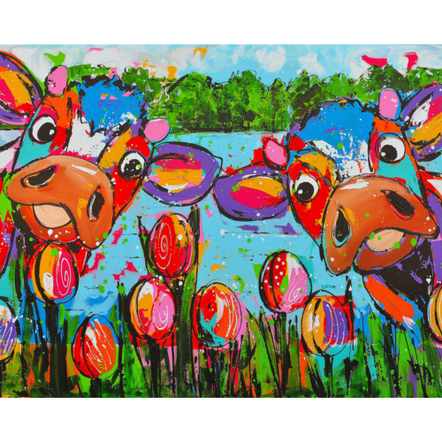 Malen nach Zahlen - Fröhliche Malerei - Kühe mit Tulpen