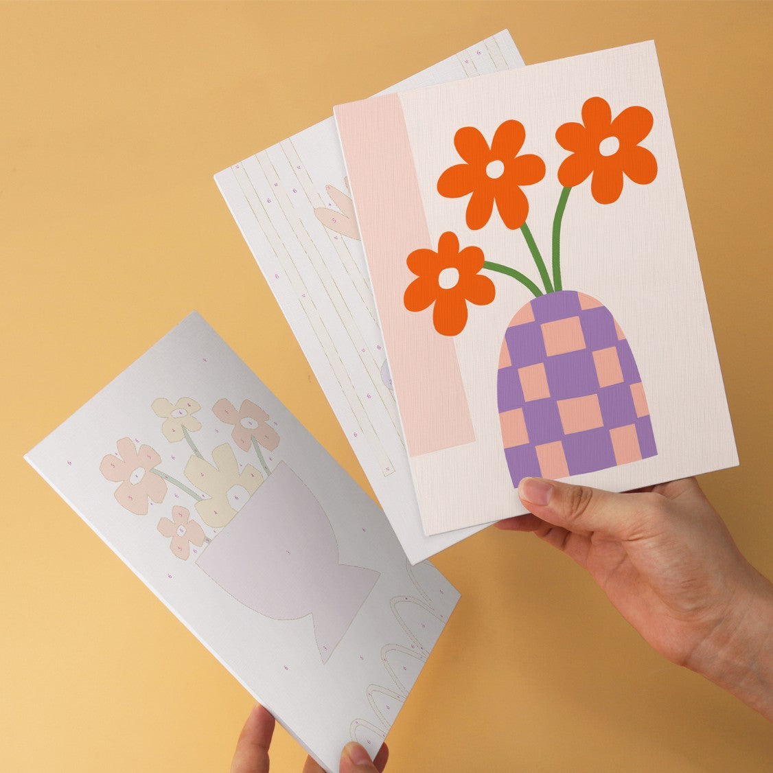 6 Mini-Gemälde auf Holzplatte – Vase voller Blüten Set