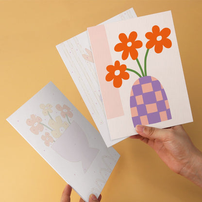 6 Mini-Gemälde auf Holzplatte – Vase voller Blüten Set