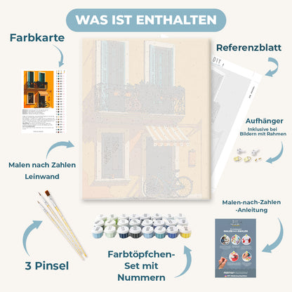 Malen nach Zahlen - Fahrrad im orangefarbenen Haus