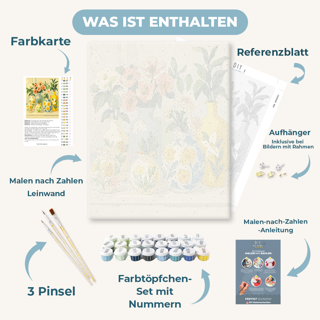 Malen nach Zahlen - Blumen in bemalten Vasen