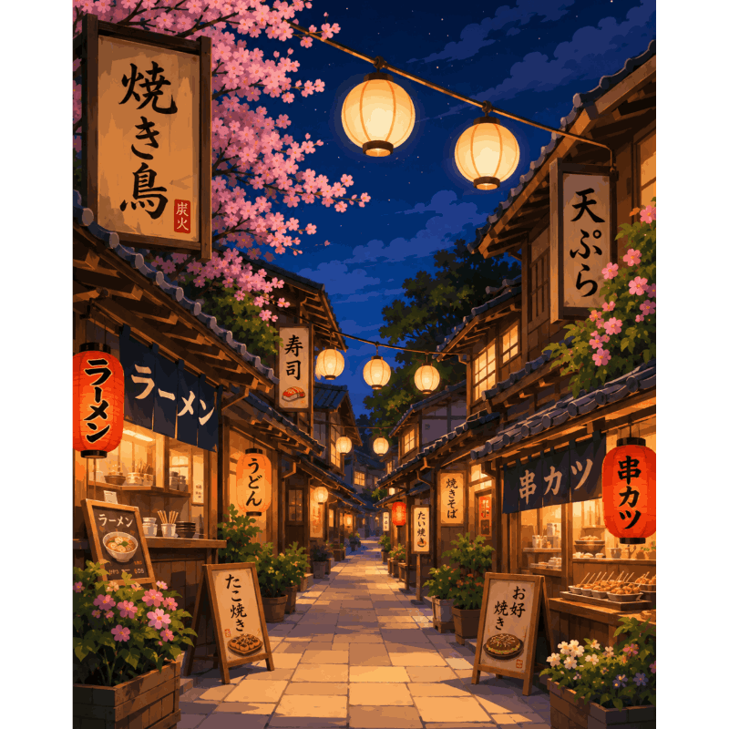 Malen nach Zahlen - Sakura Laternen - Malen nach Zahlen