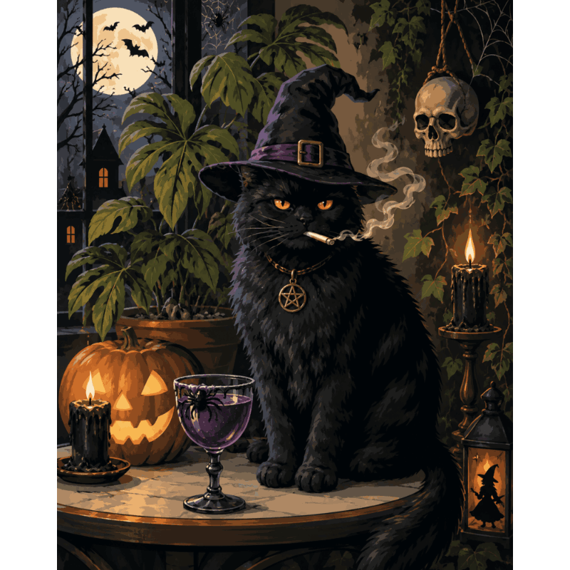 Malen nach Zahlen - Mürrische Halloween-Katze - Malen nach Zahlen