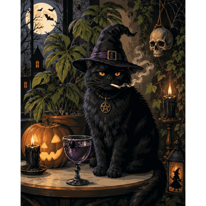 Malen nach Zahlen - Mürrische Halloween-Katze - Malen nach Zahlen