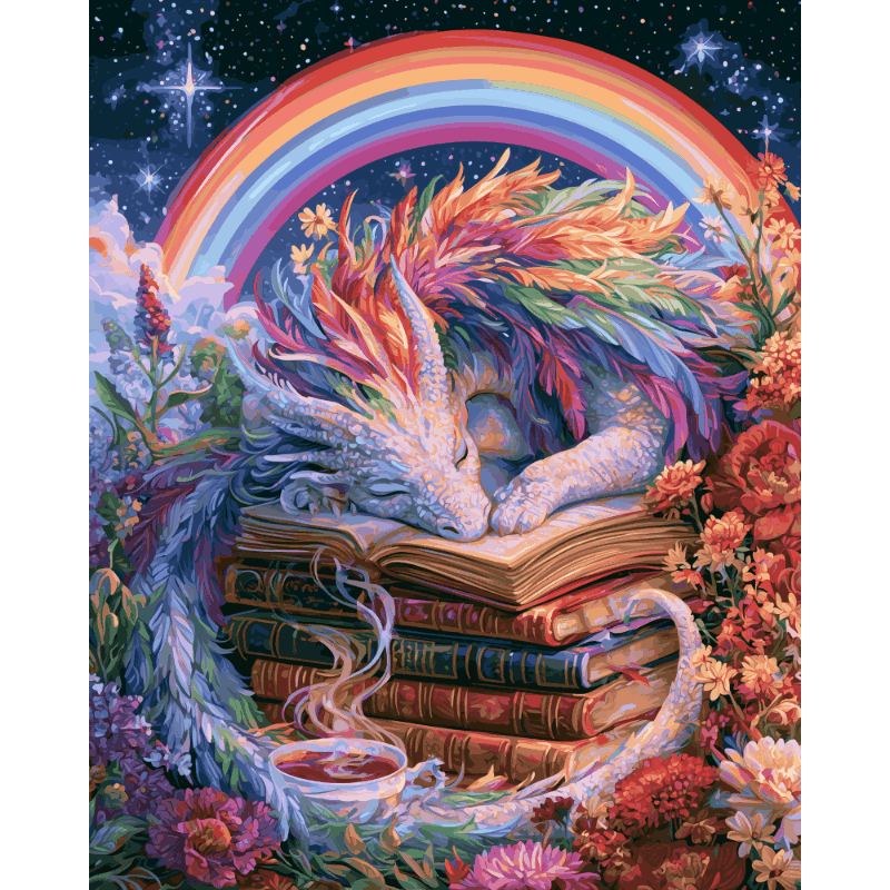 Malen nach Zahlen - Regenbogen-Bücherdrache - Malen nach Zahlen