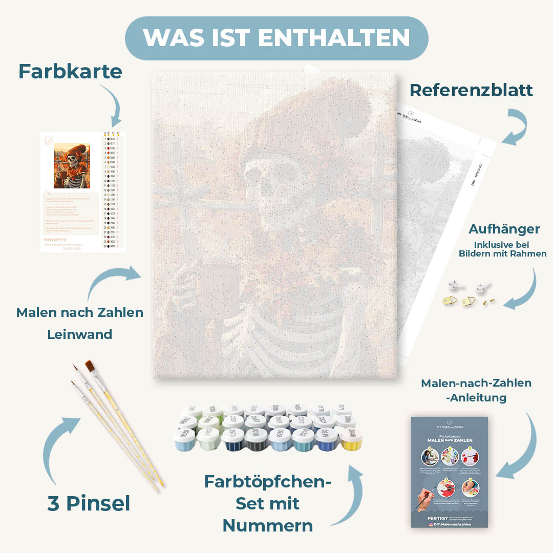 Malen nach Zahlen - Skelett beim Herbstkaffee