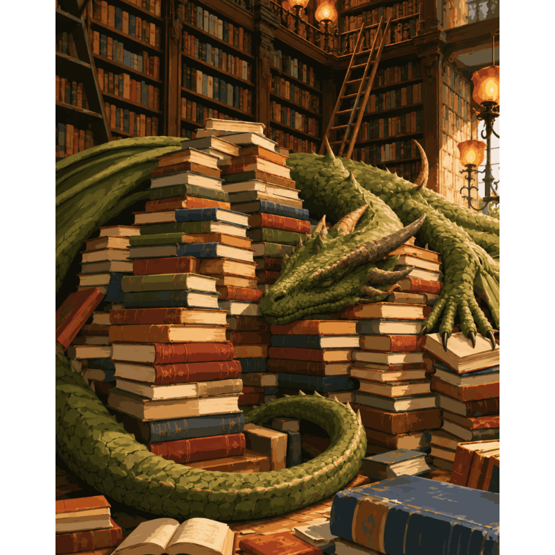 Malen nach Zahlen - Drache zwischen Büchern - Malen nach Zahlen