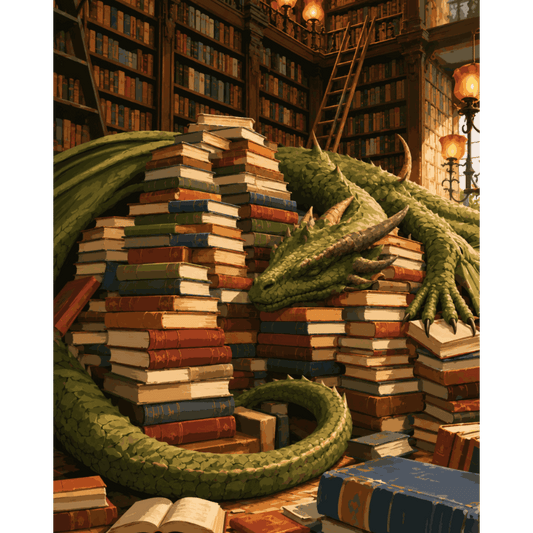 Malen nach Zahlen - Drache zwischen Büchern - Malen nach Zahlen