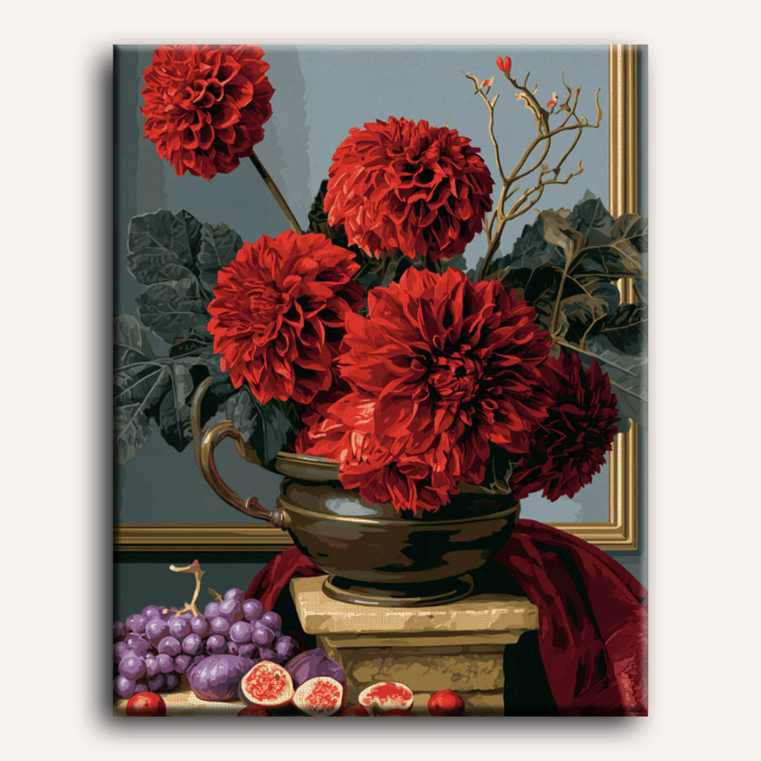Malen nach Zahlen - Dahlien in goldener Vase