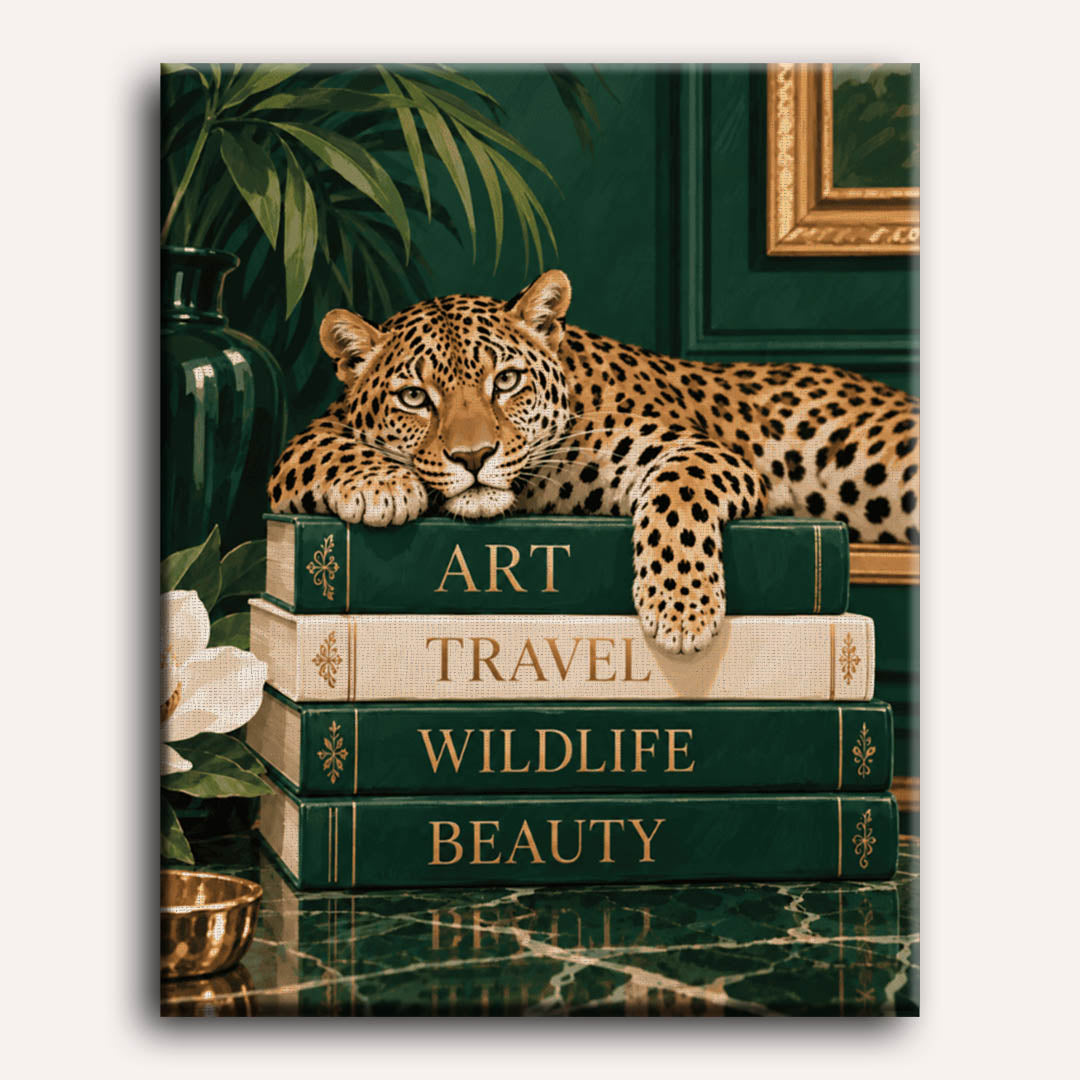 Malen nach Zahlen - Leopard auf Büchern