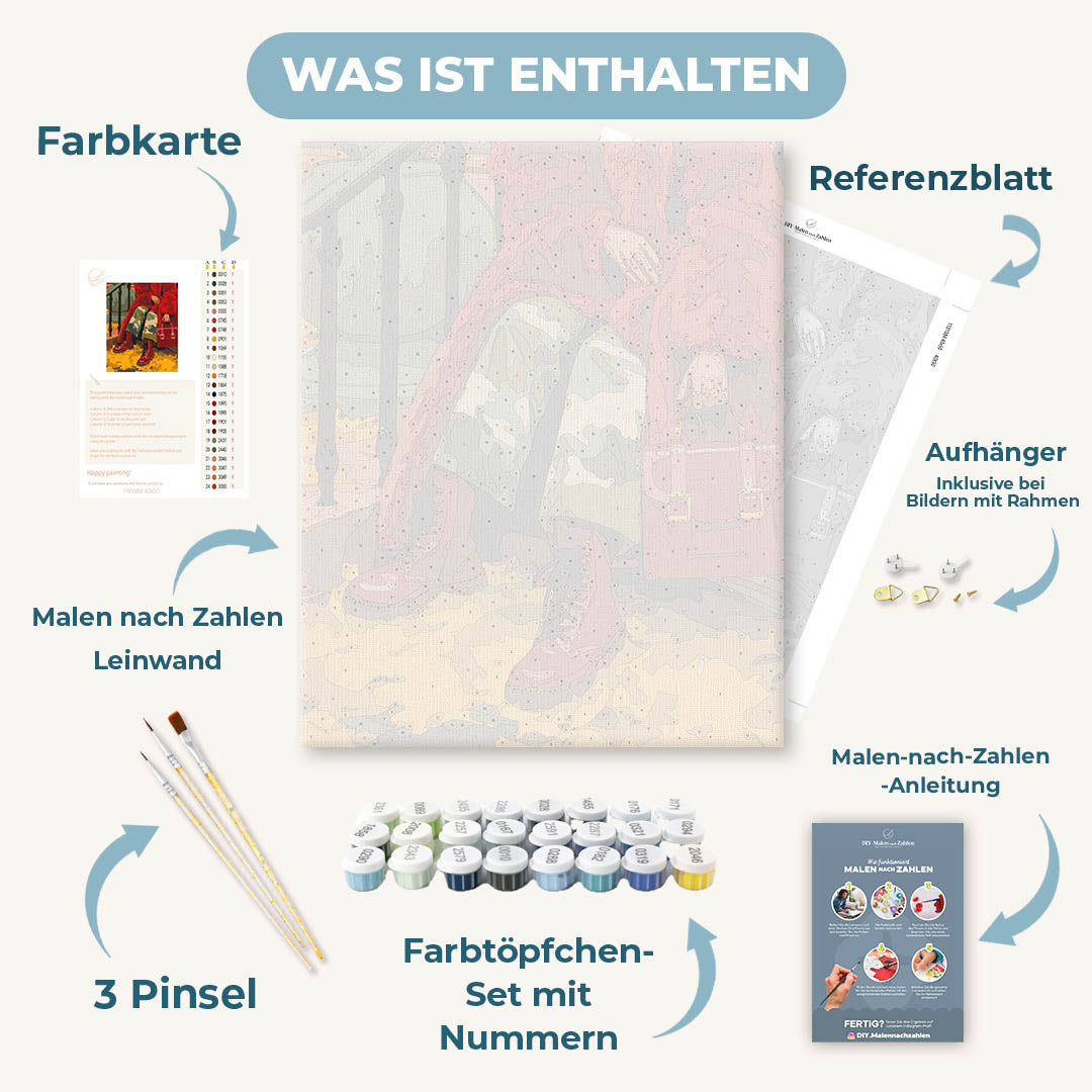 Malen nach Zahlen - Roter Pelzmantel auf der Treppe