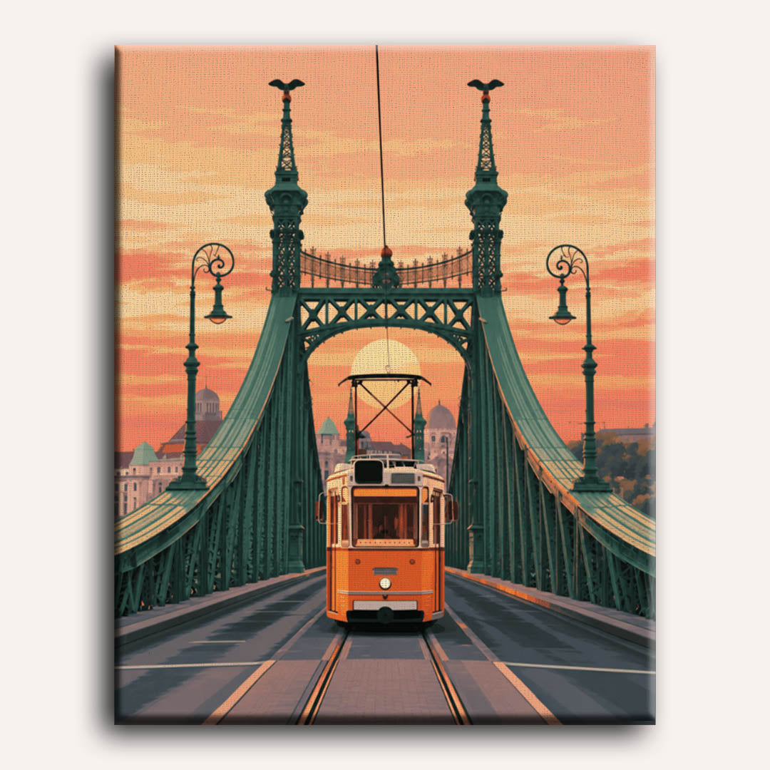 Malen nach Zahlen - Straßenbahnbrücke im Sonnenuntergang