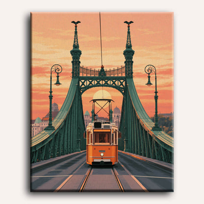 Malen nach Zahlen - Straßenbahnbrücke im Sonnenuntergang