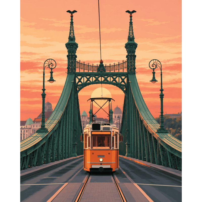 Malen nach Zahlen - Straßenbahnbrücke im Sonnenuntergang