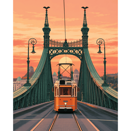 Malen nach Zahlen - Straßenbahnbrücke im Sonnenuntergang