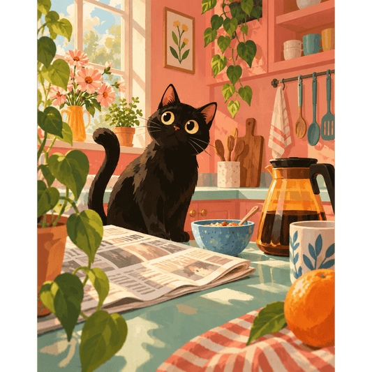 Malen nach Zahlen - Schwarze Katze am Küchenmorgen