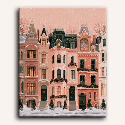 Malen nach Zahlen - Pastell-Reihenhäuser im Schnee