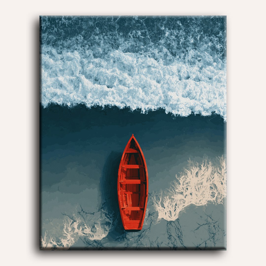 Malen nach Zahlen - Rotes Boot, weiße Wellen
