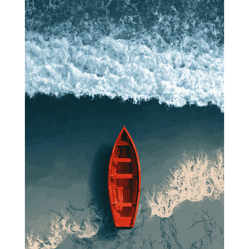 Malen nach Zahlen - Rotes Boot, weiße Wellen