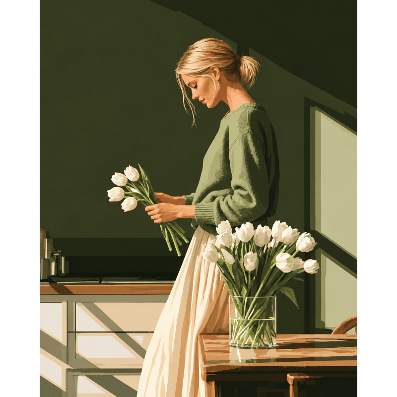 Malen nach Zahlen - Weiße Tulpen, olivgrüne Wand
