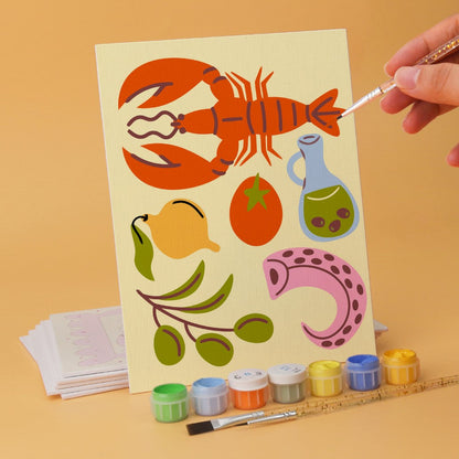 6 Mini-Gemälde auf Holzplatte – Mediterraner Fang Set