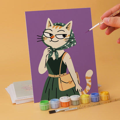 6 Mini-Gemälde auf Holzplatte – Modische Katzen Set