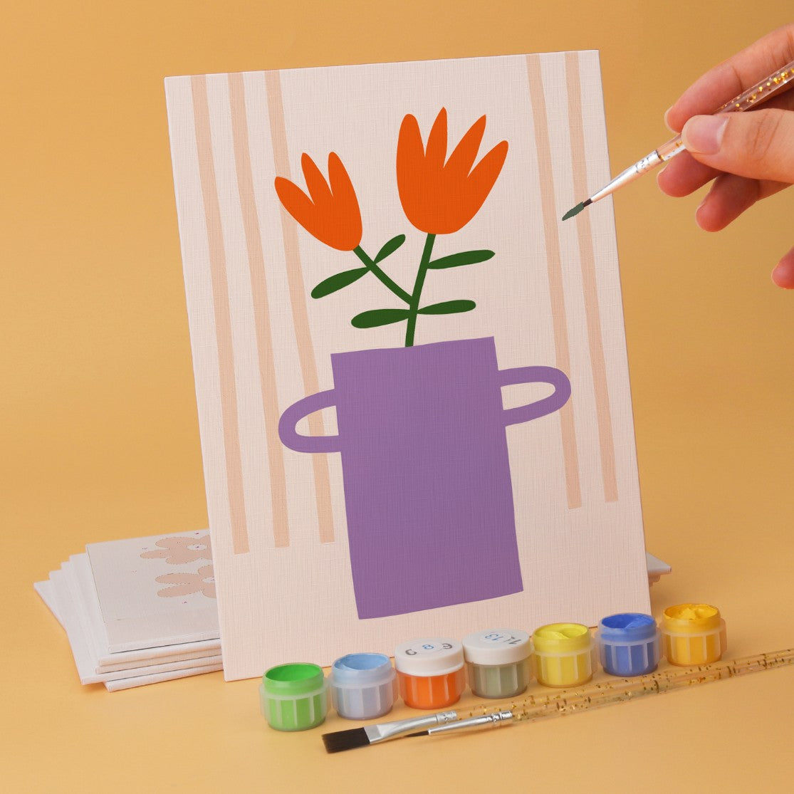 6 Mini-Gemälde auf Holzplatte – Vase voller Blüten Set
