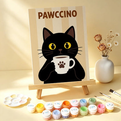 6 Mini-Gemälde auf Holzplatte – Kaffee & Schnurrhaare Set