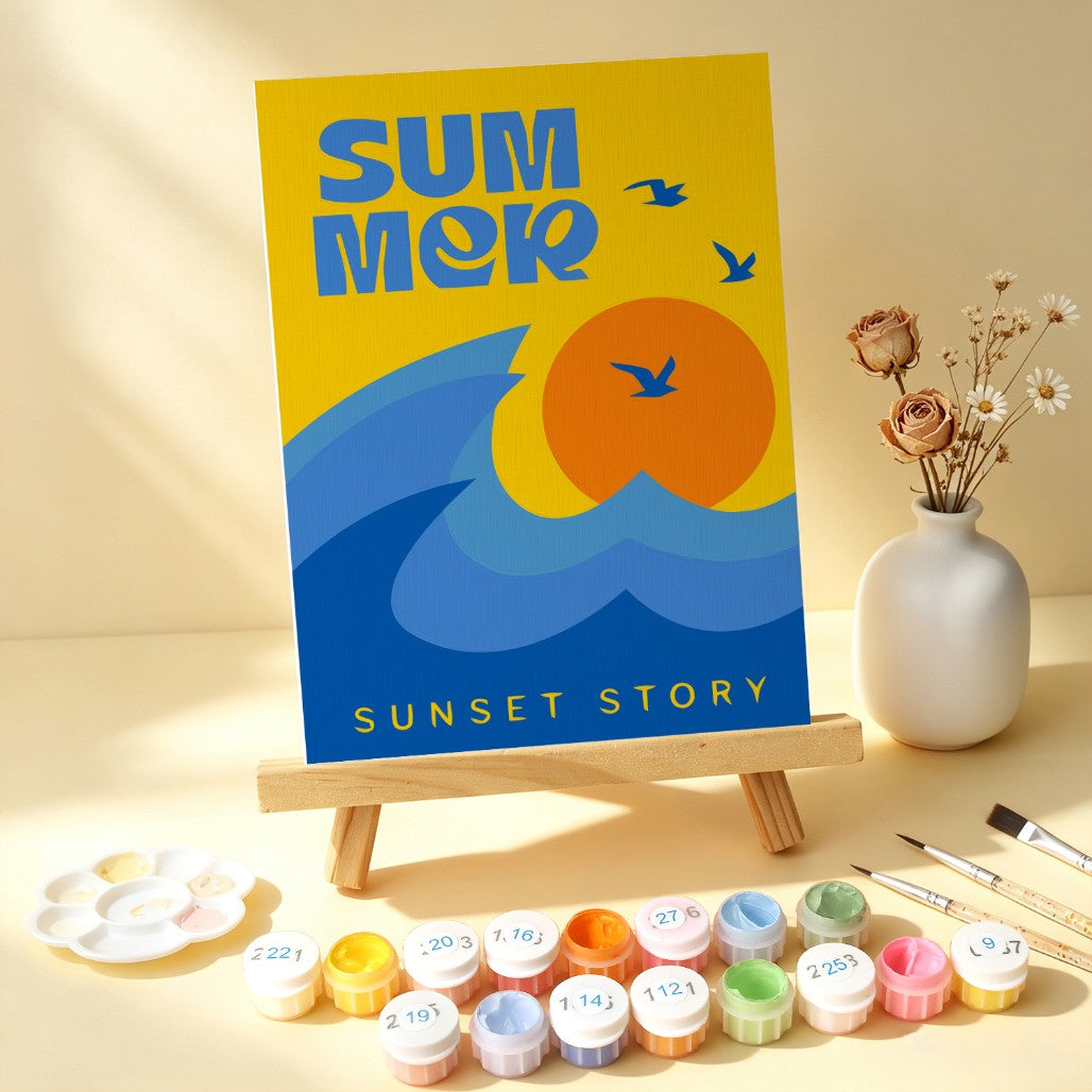6 Mini-Gemälde auf Holzplatte – Sommerlicher Sonnenuntergang Set