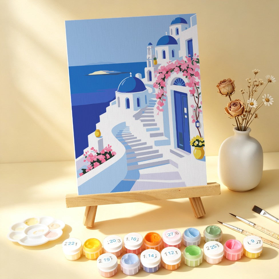6 Mini-Gemälde auf Holzplatte – Santorin-Traum Set