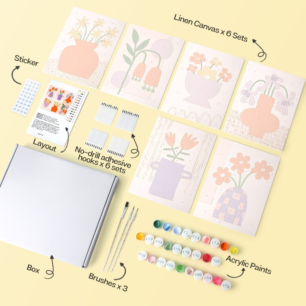 6 Mini-Gemälde auf Holzplatte – Vase voller Blüten Set