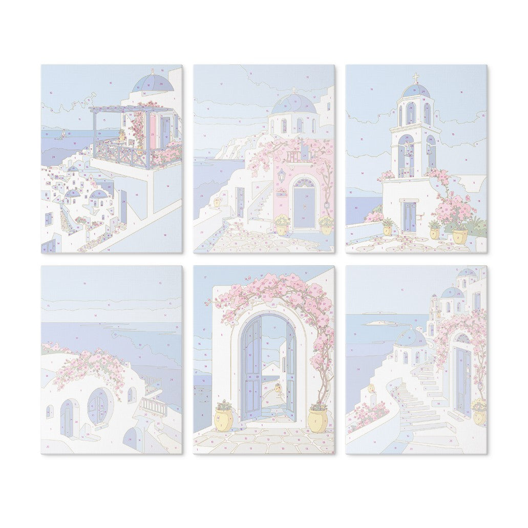 6 Mini-Gemälde auf Holzplatte – Santorin-Traum Set