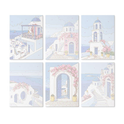 6 Mini-Gemälde auf Holzplatte – Santorin-Traum Set