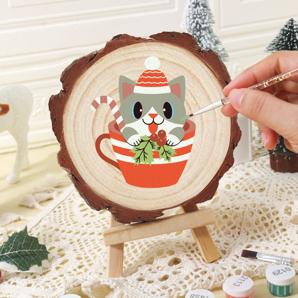 Malen nach Zahlen Baumscheibe - Katze in der Weihnachtstasse