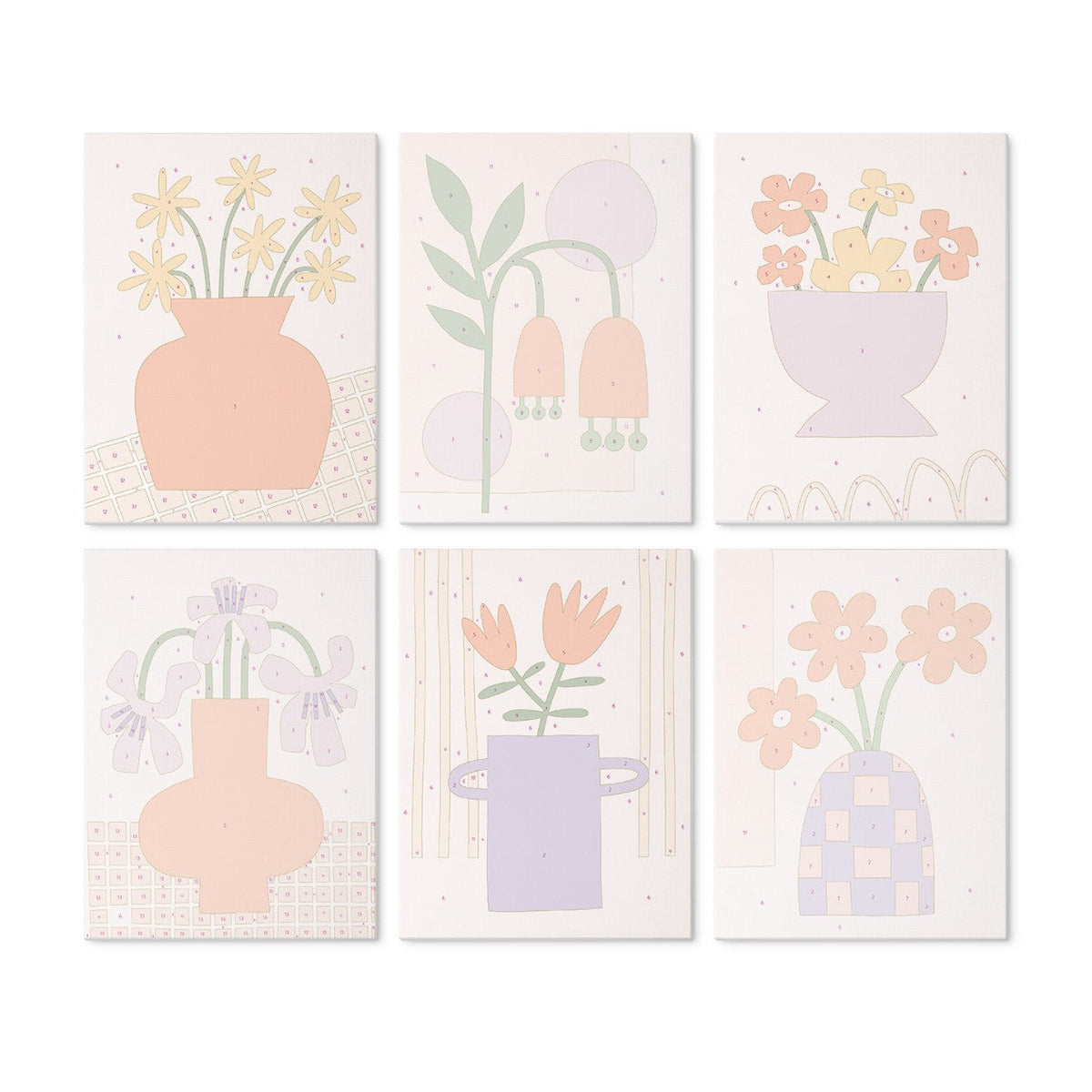 6 Mini-Gemälde auf Holzplatte – Vase voller Blüten Set