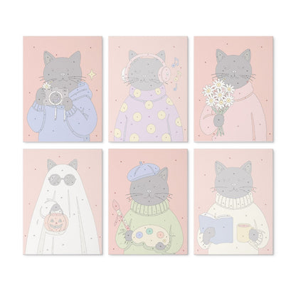 6 Mini-Gemälde auf Holzplatte – Gemütliche Katzenzeit Set