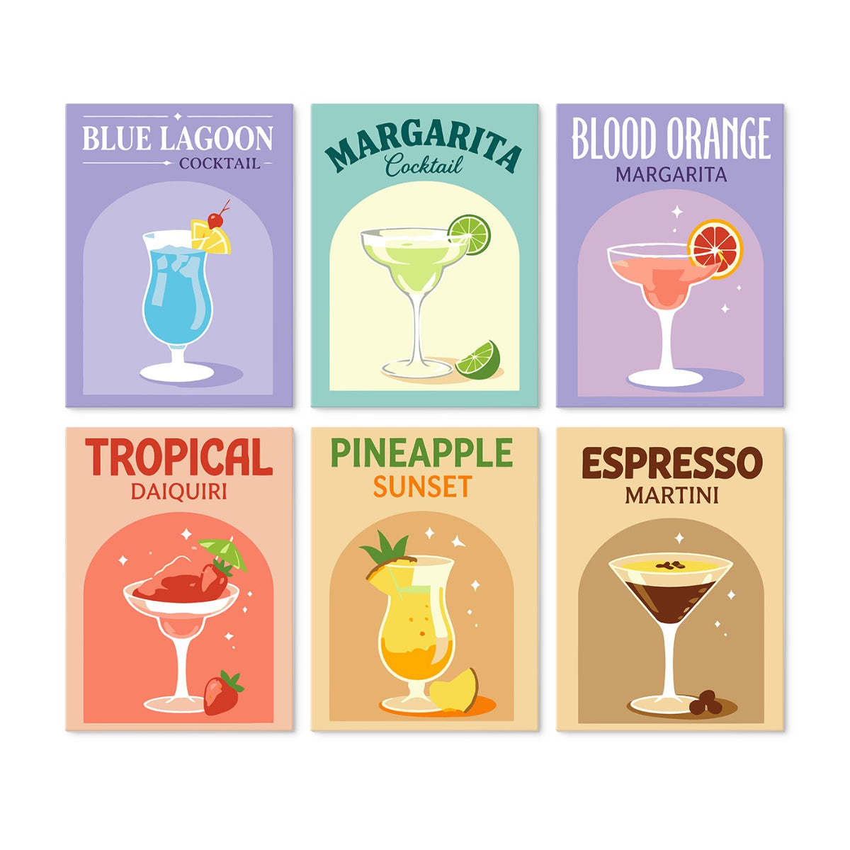 6 Mini-Gemälde auf Holzplatte – Bunte Cocktails Set