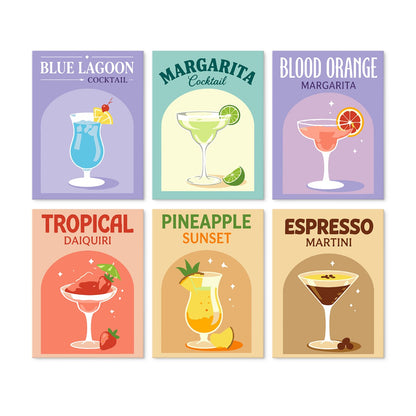 6 Mini-Gemälde auf Holzplatte – Bunte Cocktails Set