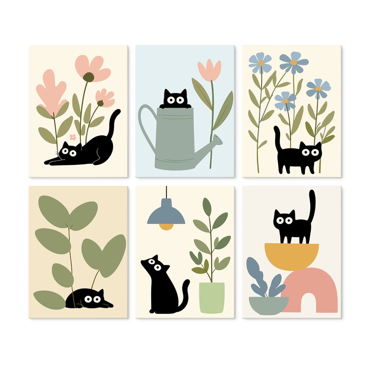 6 Mini-Gemälde auf Holzplatte – Katzen zwischen Pflanzen Set