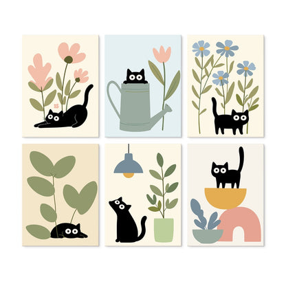 6 Mini-Gemälde auf Holzplatte – Katzen zwischen Pflanzen Set