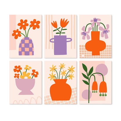 6 Mini-Gemälde auf Holzplatte – Vase voller Blüten Set