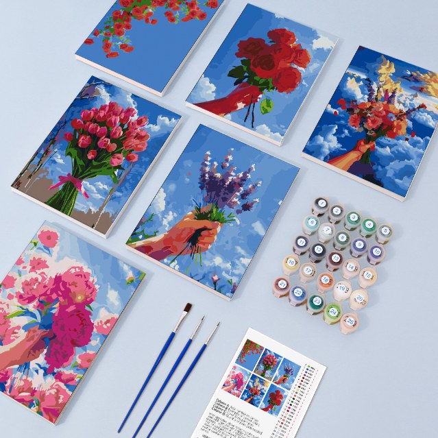 Malen nach Zahlen – 6 Mini-Gemälde | Blumensträuße im Himmel-Set