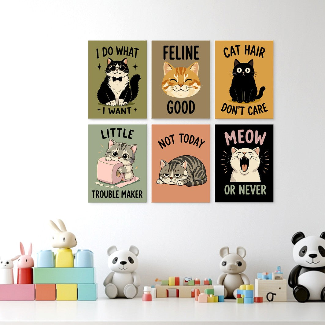 6 Mini-Gemälde auf Holzplatte – Freche Katzen Set