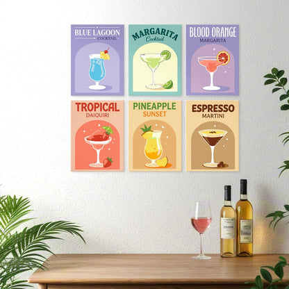 6 Mini-Gemälde auf Holzplatte – Bunte Cocktails Set