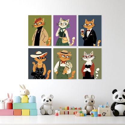 6 Mini-Gemälde auf Holzplatte – Modische Katzen Set