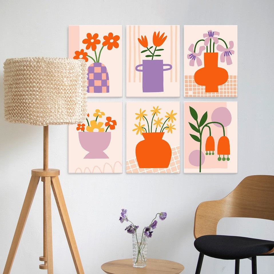 6 Mini-Gemälde auf Holzplatte – Vase voller Blüten Set