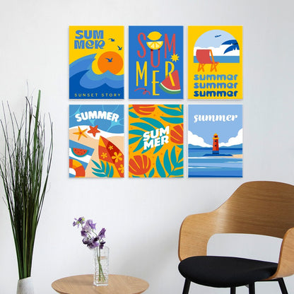 6 Mini-Gemälde auf Holzplatte – Sommerlicher Sonnenuntergang Set